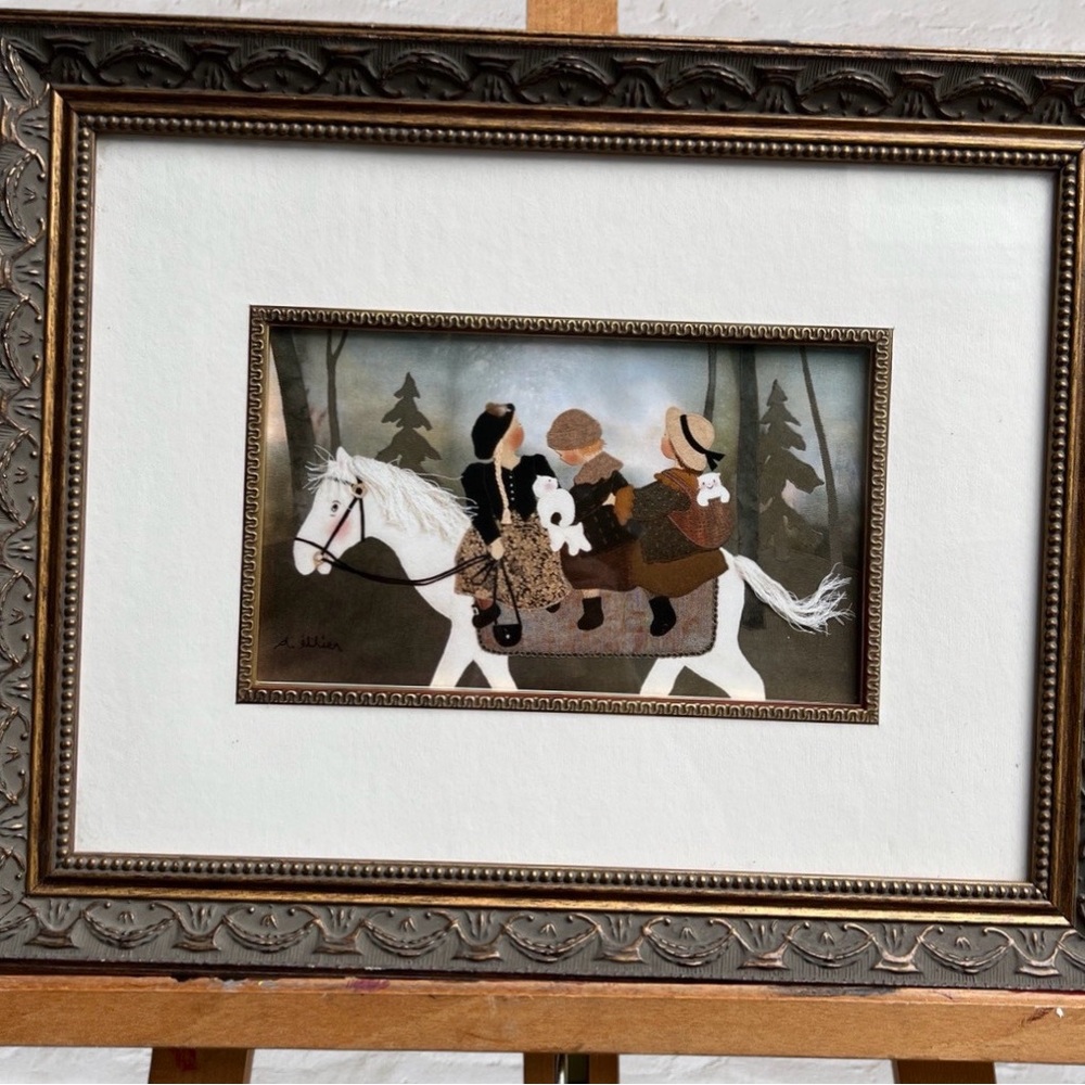 Diane Ethier  Framed  Textile Collage Three Girls on a Horse